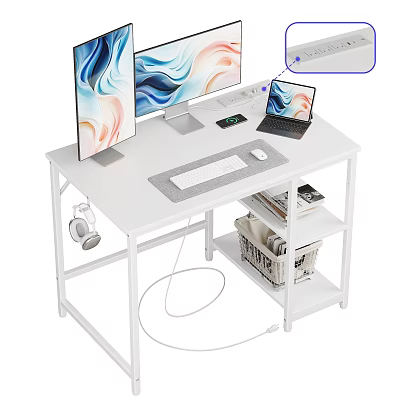 White Modern Desk Setup With Dual Monitors Laptop Keyboard Mouse Headphones And Storage Basket 3d model