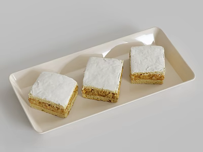 Three square layered pastries with white frosting and golden base on beige tray 3d model