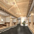 Modern Restaurant Interior With Wooden Ceiling Slatted Partitions Stone Bar And Bottle Shelves