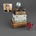 Stacked Vintage Suitcases With Globe On Top Painting And Pink Flowers