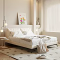 Modern Bedroom Interior With White Bed Decorative Painting Pendant Lights And Window Curtains