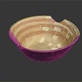 Ancient Handcrafted Sculpture Carving Bowl with Red Brown Stripes and Repaired Cracks
