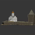 Medieval Fortified Architectural Model With Golden Dome Church Watchtower And Wooden Fence