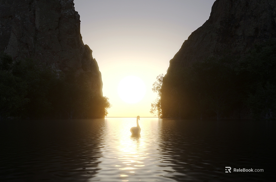 Scenic Landscape With Cliffs On Both Sides Calm Water Surface Swan And Sunset Reflection 3d model 
