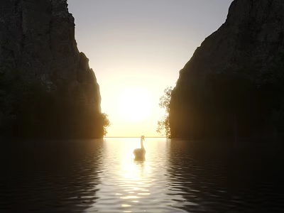 Scenic Landscape With Cliffs On Both Sides Calm Water Surface Swan And Sunset Reflection 3d model