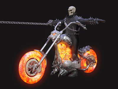 Game Movie Character Skeleton in Black Leather Outfit Riding Flaming Tire Motorcycle with Metallic Design 3d model
