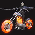 Game Movie Character Skeleton in Black Leather Outfit Riding Flaming Tire Motorcycle with Metallic Design