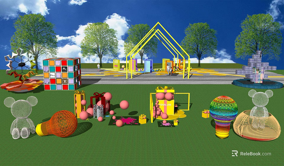 Outdoor Colorful Playground Space With Yellow Frames Colorful Balls Gifts And Woven Lanterns 3d model 