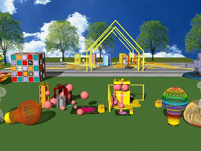Outdoor Colorful Playground Space With Yellow Frames Colorful Balls Gifts And Woven Lanterns 3d model