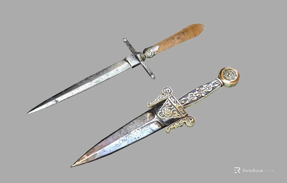 Elegant Antique Weapon Daggers With Wooden Handle And Ornate Metal Blades 3d model 