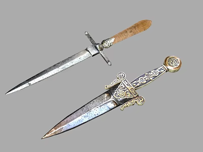 Elegant Antique Weapon Daggers With Wooden Handle And Ornate Metal Blades 3d model