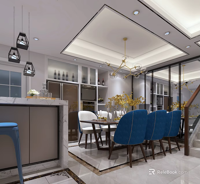 Modern Restaurant Interior Featuring Open Layout Dining Table Blue Chairs Chandelier Wine Cabinet And Flowers 3d model 