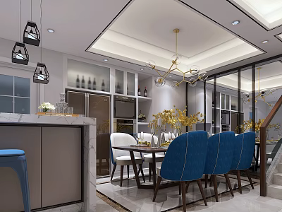 Modern Restaurant Interior Featuring Open Layout Dining Table Blue Chairs Chandelier Wine Cabinet And Flowers 3d model