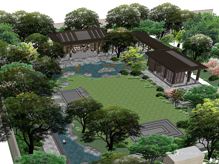 Scenic Landscape Bridge In Traditional Garden With Water Features And Green Trees 3d model 