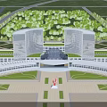 Modern High Rise Office Building With Glass Facade By Water Reflection And Green Lawn