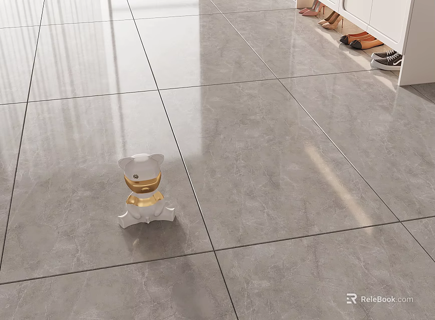 Gray Floor Tiles With Smooth Glossy Surface And Decorative Item Near Shoe Cabinet 3d model 