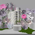 Floral Installation with Pink Purple Flowers White Columns Neon Light Statue and Green Grass Base