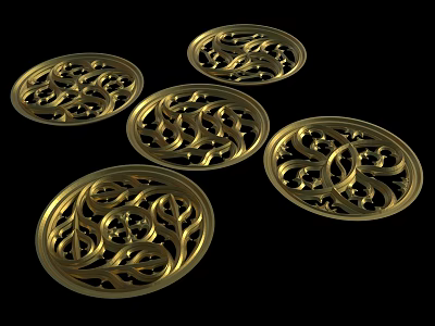 Golden Circular Decorative Ornaments With Intricate Carved Patterns On Black Background 3d model