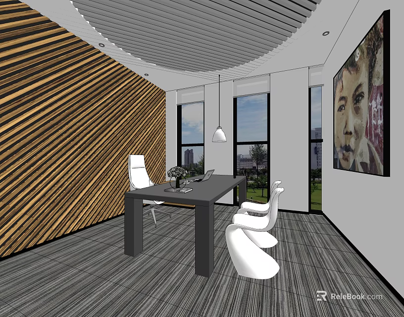 Modern Office Interior With Striped Wooden Wall Large Windows Black Desk White Chairs And Artwork 3d model 