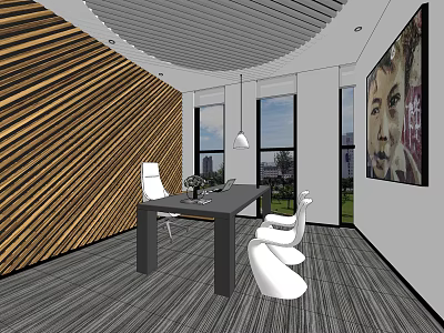 Modern Office Interior With Striped Wooden Wall Large Windows Black Desk White Chairs And Artwork 3d model