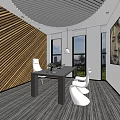 Modern Office Interior With Striped Wooden Wall Large Windows Black Desk White Chairs And Artwork