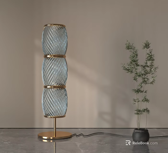 Modern Glass Floor Lamp With Twisted Texture And Gold Accents Near Potted Plant 3d model 