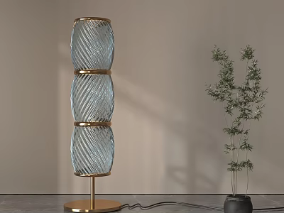 Modern Glass Floor Lamp With Twisted Texture And Gold Accents Near Potted Plant 3d model