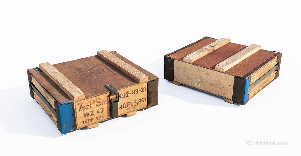 Rustic Vintage Wooden Crates With Metal Straps And Labeled Details 3d model 