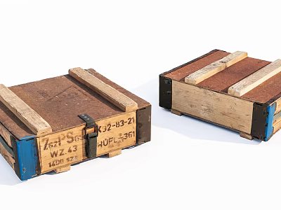 Rustic Vintage Wooden Crates With Metal Straps And Labeled Details 3d model