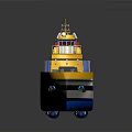 Yellow Cargo Boat with Red Crane Blue Red Containers and Blue White Stripes