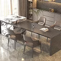 Elegant Modern Kitchen Dining Set With Black Table Brown Chairs Marble Island And Cabinets