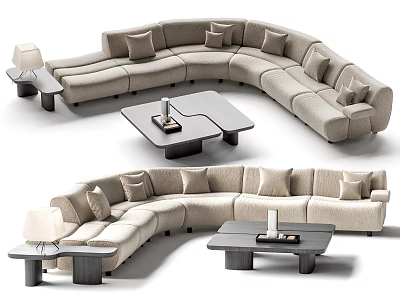 Beige Sectional Sofa With Multiple Cushions Coffee Table And Side Lamp 3d model