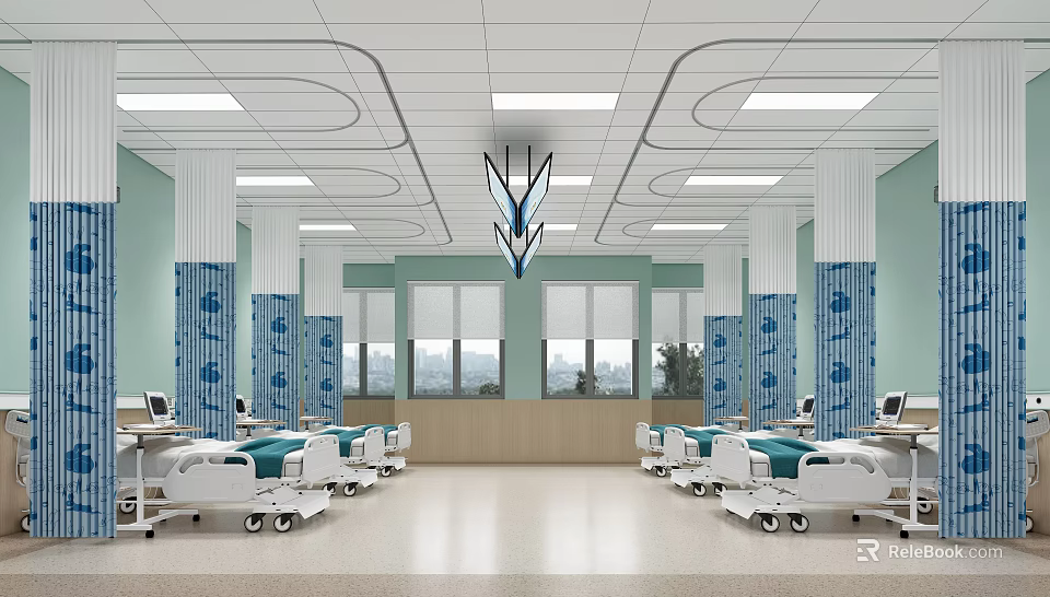 Bright Hospital Ward Interior With Multiple Beds Blue Patterned Columns Medical Equipment And Windows 3d model 