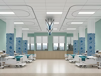 Bright Hospital Ward Interior With Multiple Beds Blue Patterned Columns Medical Equipment And Windows 3d model