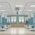 Bright Hospital Ward Interior With Multiple Beds Blue Patterned Columns Medical Equipment And Windows