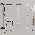 Various Modern Shower Heads and Handheld Sprayers with Towel Racks and Accessories