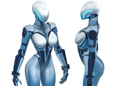 Intelligent Machine Showcasing Feminine Form Streamlined Body Structure Sleek Metallic Texture And Glowing Head Accents 3d model