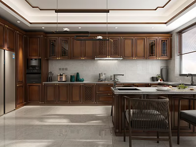 Dark Brown Cabinet Kitchen Interior With Stainless Steel Refrigerator Marble Countertops And Pendant Lights 3d model