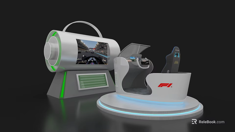 F1 Racing Simulator Exhibition Island With Steering Wheel And Track 3d model 
