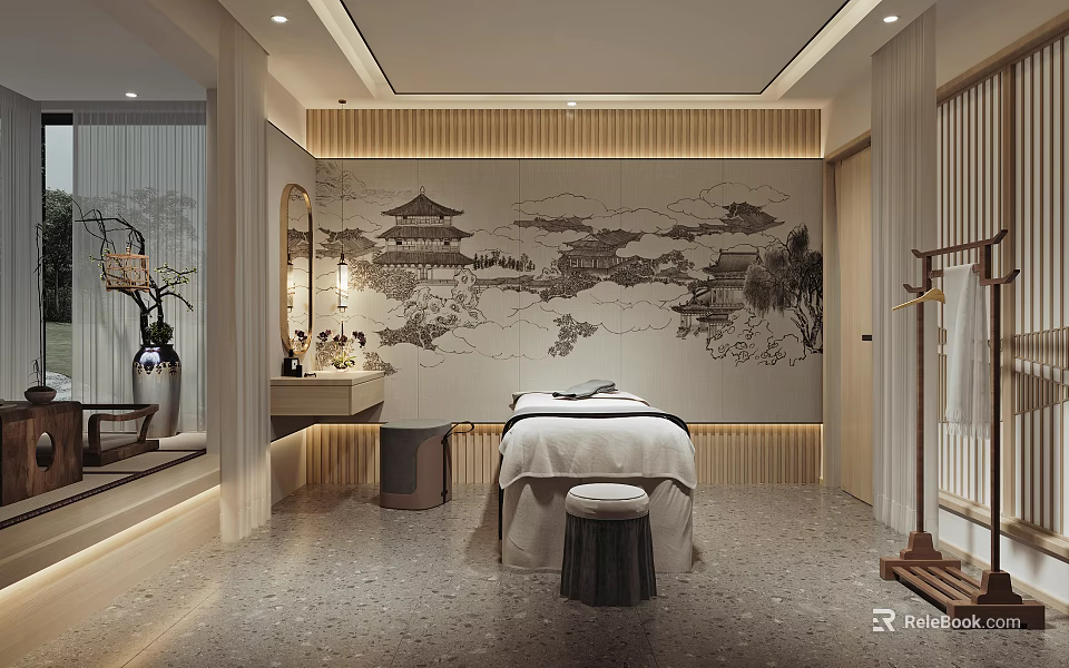 Elegant SPA Sauna Interior With Traditional Landscape Painting And Comfortable Massage Bed 3d model 