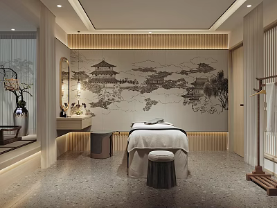 Elegant SPA Sauna Interior With Traditional Landscape Painting And Comfortable Massage Bed 3d model