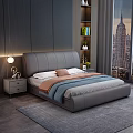 Modern Double Bed with Gray Headboard Blue Bedding Nightstand Lamp Bookshelf and City Night View