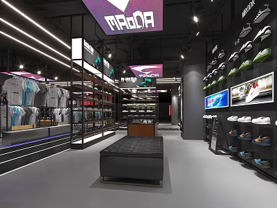 Modern MADDA Fashion Store Interior With Clothing Shoes Shelves And Display Screens 3d model