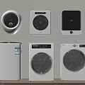 Various Washing Machines With Modern Designs Displayed On Wall And Floor
