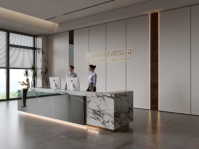 Modern Bright Reception Area With Marble Desk Two People White Wall And Golden Company Name 3d model