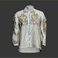 White Shirt Featuring Colorful Floral Embroidery And Blue Buttons With Long Sleeves