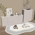 Modern White Entryway Console Cabinet And Sideboard With Decorative Plants Artwork And Rug