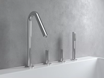 Modern Silver Faucet on White Countertop with Gray Wall Background and Small Spouts 3d model