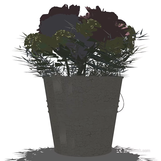 Gray Cracked Vase With Purple And Green Flowers And Lush Leaves For Home Decor 3d model 