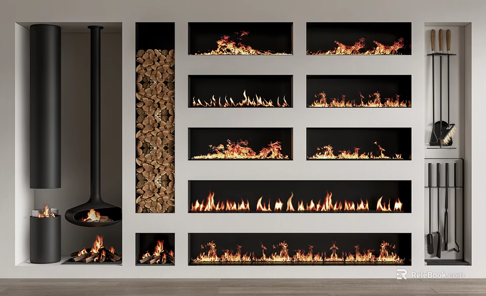 Modern Multiple Built in Fireplaces With Flames And Wood Storage Design 3d model